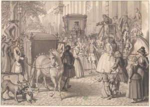 Begin van een huwelijksoptocht van een luthers paar door Bernard Picart