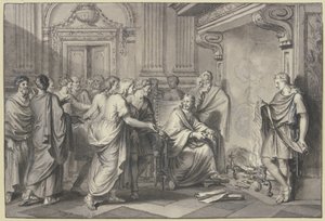 Een Romein werpt papieren rollen in het vuur in aanwezigheid van veel personen door Bernard Picart