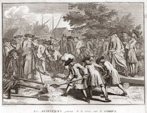 Jodendom: de assistenten gooien aarde op het lichaam tijdens de begrafenis (Joodse begrafenis) Gravure uit "Illustratie van religieuze ceremonies en gebruiken van alle volkeren van de wereld" door Bernard Picart (1723-1743) 1819 Privécollectie