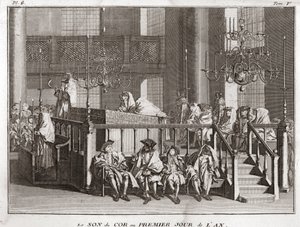 Jodendom: het geluid van de hoorn op de eerste dag van het jaar (geluid van de sjofar op Rosj Hasjana) (Joods Nieuwjaarsfeest: Blazen van de sjofar op Rosj Hasjana) Gravure uit Illustratie van religieuze ceremonies en gebruiken van alle volkeren