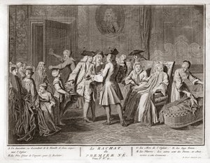 Jodendom: de traditie van de verlossing van de eerstgeboren zoon, een mitswa in het jodendom waarbij een Joodse eerstgeboren zoon wordt verlost door middel van zilveren munten uit zijn geboorteheiligheid, gravure uit "Illustratie van ceremonies en religieu door Bernard Picart