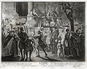 Jodendom: de manier van het naar huis leiden van de echtgenoten van de Wet - een voorstelling van de processie waarmee de gemeenschap, tijdens het feest van Simchat Thora, degenen eerde die waren gekozen, één om de lezing van het laatste gedeelte van de Th door Bernard Picart