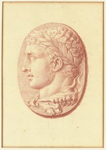 Een van vier studies naar cameeën, drie met klassieke profielportretten en een met een fragmentair reliëf van Cupido en twee leeuwen die een wagen trekken