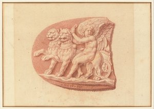 Een van vier studies naar cameeën, drie met klassieke profielportretten en een met een fragmentair reliëf van Cupido en twee leeuwen die een wagen trekken door Bernard Picart