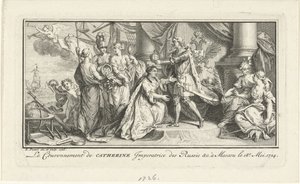 Peter de Grote kroont zijn vrouw Catharina I tot keizerin, 1726 door Bernard Picart