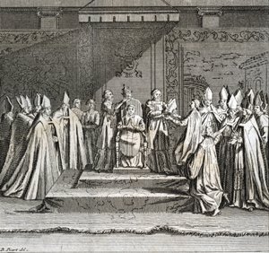 Plechtige inauguratie van het pontificaat “Voorstelling van de kroning van de paus” Gravure uit “Illustratie van ceremonies en religieuze gebruiken van alle volkeren ter wereld” door Bernard Picart (1723-1743) door Bernard Picart