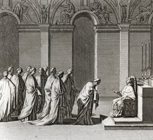 Plechtige Inauguratie van het Pontificaat: De Aanbidding van de Paus in de Sixtijnse Kapel (Pauselijke Inauguratie: Aanbidding van de Paus in de Sixtijnse Kapel) Gravure uit Illustratie van Ceremonies en Religieuze Gebruiken van Alle Volkeren van de Wereld door Bernard Picart