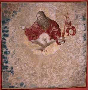 Vlaamse wandtapijt. Serie Dais van Karel V (Baldakijn van Margaretha van Oostenrijk). God de Vader en de Heilige Geest (El Padre Eterno y el Espíritu Santo). Wandtapijt baldakijn van de dais. Model Bernard van Orley (1491-1542). Fabriek Pieter de Pannemake door Bernard van Orley