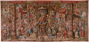 Vlaamse wandtapijt. Serie De Eerbewijzen. Geloof. Eerste wandtapijt in de serie. Model Cartonisten uit de kring van Bernard van Orley en Jan Gossaert (Mabuse). Fabrikant Pieter van Aelst, Brussel. Ca 1550. door Bernard van Orley