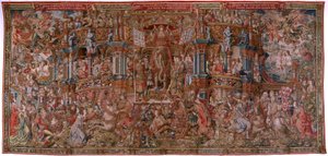 Vlaamse wandtapijt. Serie De Eerbewijzen. Roem (La Fama). Derde wandtapijt in de serie. Model Cartonisten uit de kring van Bernard van Orley en Jan Gossaert (Mabuse). Fabriek Pieter van Aelst, Brussel. Ca 1550. Stof Goud, zilver, zijde en wol. door Bernard van Orley