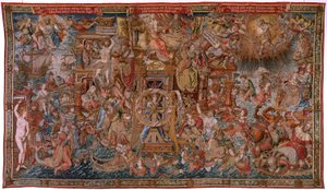 Vlaamse wandtapijt. Serie De Eerbewijzen. Fortuin, De weg naar de Eerbewijzen. Vijfde wandtapijt in de serie. Model Cartonisten uit de kring van Bernard van Orley en Jan Gossaert de Mabuse. Fabriek Pieter van Aelst, Brussel.