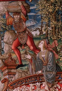Vlaamse wandtapijt. Serie De Eerbewijzen. Gerechtigheid. Negende wandtapijt in de serie. Model Cartonisten uit de kring van Bernard van Orley en Jan Gossaert (Mabuse). Fabriek Pieter van Aelst, Brussel. Ca 1550. door Bernard van Orley