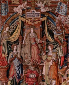 Vlaams wandtapijt. Serie De Eerbewijzen. Gerechtigheid. Negende wandtapijt in de serie. Model Tekenaar uit de kring van Bernard van Orley en Jan Gossaert (Mabuse). Manufacture Pieter van Aelst, Brussel. Ca 1550. door Bernard van Orley