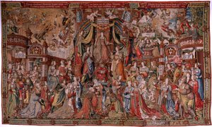Vlaams wandtapijt. Serie De Eerbewijzen. Gerechtigheid. Negende wandtapijt in de serie. Model Tekenaar uit de kring van Bernard van Orley en Jan Gossaert (Mabuse). Manufacture Pieter van Aelst, Brussel. Ca 1550. door Bernard van Orley