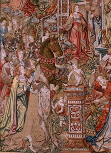 Vlaamse wandtapijt. Serie De Eerbewijzen; Voorzichtigheid. Zevende wandtapijt in de serie. Model Tekenaar uit de kring van Bernard van Orley en Jan Gossaert (Mabuse). Fabrikant Pieter van Aelst, Brussel. Ca 1550. door Bernard van Orley