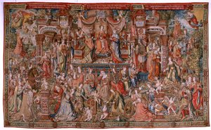 Vlaamse wandtapijt. Serie De Eerbewijzen; Voorzichtigheid (La Prudencia). Zevende wandtapijt in de serie. Model Cartonisten uit de kring van Bernard van Orley en Jan Gossaert (Mabuse). Fabriek Pieter van Aelst, Brussel. Ca 1550. Stof Goud, zilver, zijde en door Bernard van Orley