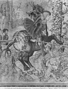 De Jachten van Maximiliaan, Steenbok, De Zwijnenjacht, detail van Maximiliaan I 1459-1519, Gobelins Fabriek door Bernard van Orley