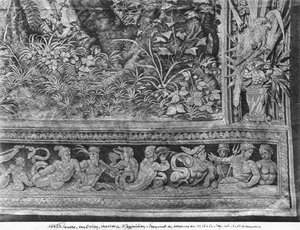De Jachten van Maximiliaan, Tweelingen, De Hertenjacht, de Vergadering, Gobelins Fabriek (detail) door Bernard van Orley