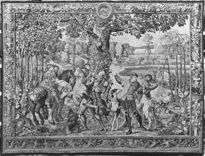 De jachten van Maximiliaan, Leo, de hertenjacht, Gobelins-fabriek door Bernard van Orley