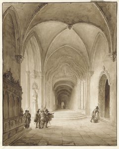 Kerkinterieur met krijgslieden bij de ingang door Bernard van de Laar