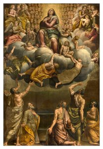 Apsis, Altaarstuk door Bernardino Gatti genaamd Il Sojaro voltooid door Giovanni Battista Trotti genaamd IL Malosso, Hemelvaart van de Maagd door Bernardino Gatti