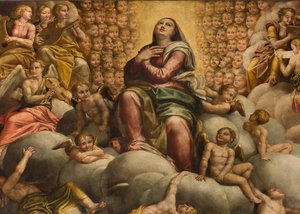 Apsis, Altaarstuk door Bernardino Gatti genaamd Il Sojaro voltooid door Giovanni Battista Trotti genaamd IL Malosso, Hemelvaart van de Maagd