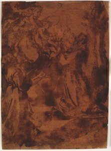 Maagd Maria met het Kind Jezus geeft Sint Franciscus van Assisi en een onbekende franciscaanse monnik de franciscaanse gordel door Bernardino Capitelli
