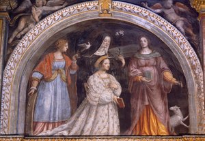 Italië, Milaan, Kerk van Sint-Mauritius al Monastero Maggiore, Ginevra Bentivoglio Sforza neemt de sluier door Bernardino Luini