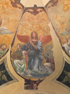 Biddende engel tussen twee knielende muzikanten en cherubijnen door Bernardino Luini