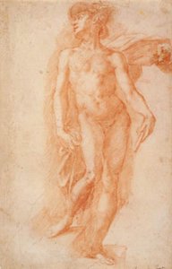 Mercurius gekleed in een fladderende mantel staand op een trap door Bernardino Poccetti