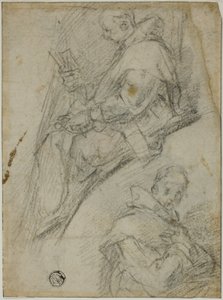 Twee studies van kartuizers (recto); Drie schetsen van hoofden van kartuizers (verso) door Bernardino Poccetti