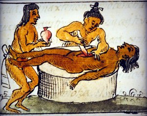 Menselijke offerande: rituele offerande bij de Azteken. Uit een manuscript van Bernardino de Sahagun door Bernardino de Sahagun