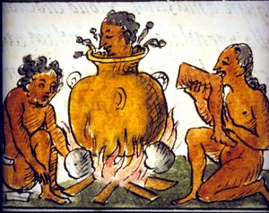 Ritueel kannibalisme onder de Azteken. Manuscript van Bernardino de Sahagun. 17e eeuw. (detail) door Bernardino de Sahagun