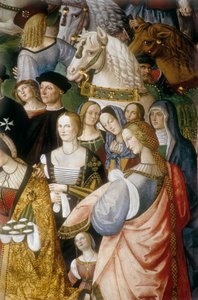 Enee Silvio Piccolomini presenteert Eleonore van Portugal aan keizer Frederik III bij de Camollia-poort in Siena (detail) door Bernardino di Betto Pinturicchio