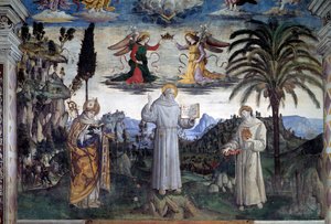 Glorie van Bernardino van Siena. Detail van heilige tussen Sint-Lodewijk van Anjou en Sint-Antonius van Padua door Bernardino di Betto Pinturicchio
