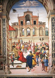 Italië, Siena, Kathedraal, Piccolomini Bibliotheek, Enea Silvio Piccolomini wordt tot dichter gekroond door Keizer Frederik III, detail uit Verhalen van Pius II door Bernardino di Betto Pinturicchio