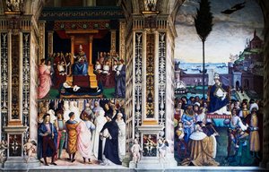 Pius II arriveert in Ancona om een kruistocht te beginnen, fresco door Bernardino di Betto Pinturicchio