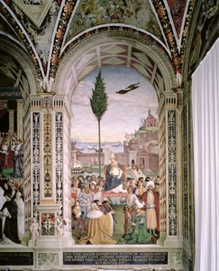 Paus Pius II (1405-64), in Ancona, zegent de vloot die op 15 augustus 1464 naar het Heilige Land vertrekt door Bernardino di Betto Pinturicchio