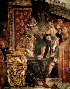 De twist van Sint-Catharina van Alexandrië met filosofen voor de Romeinse keizer Maximianus Hercules (detail)