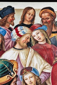 Piccolomini Bibliotheek, noordoostelijke muur: Aeneas Sylvius houdt een redevoering voor Koning Jacobus I van Schotland, winter 1435 door Bernardino di Betto Pinturicchio