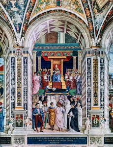 De Piccolomini Bibliotheek, zuidwestmuur: "Pius II canoniseert St. Catharina van Siena, 29 juni" door Bernardino di Betto Pinturicchio