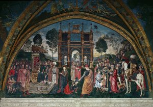 Het geschil van Sint Catharina van Alexandrië met de filosoof, voor de Romeinse keizer Maxentius door Bernardino di Betto Pinturicchio