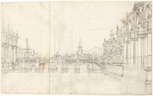 Een Capriccio van Paleizen en een Loggia met Uitzicht op een Klassieke Brug door Bernardo Bellotto