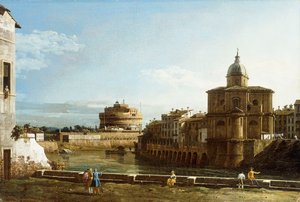 Een Zicht op Rome langs de Tiber, met de Kerk van San Giovanni dei Fiorentini op de achtergrond door Bernardo Bellotto