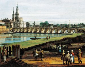 Dresden vanaf de rechteroever van de Elbe stroomopwaarts vanaf de brug van Augustus, circa 1750, door Bernardo Bellotto, bekend als Canaletto (1721-1780), olieverf op doek, 50x84 cm, Detail door Bernardo Bellotto
