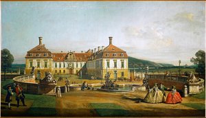 Kasteel Schlosshof, Oostenrijk, gezien vanuit de tuinen, gebouwd door prins Eugen van Savoye ... (olieverf op doek) door Bernardo Bellotto