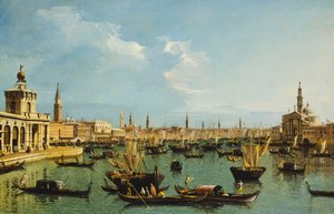 Het Bacino di San Marco, Venetië, vanaf het Giudecca-kanaal met de Dogana, de Molo, de Riva degli Schiavoni, de kerk van San Giorgio Maggiore en talrijke boten