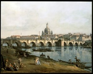 Gezicht op Dresden vanaf de rechterkant van de rivier de Elbe, onder de Augustusbruecke ... (schilderij op doek) door Bernardo Bellotto