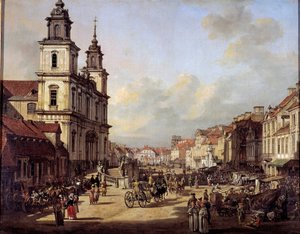 Uitzicht op Krakowskie Street vanaf Nowyswiat Street in Warschau in 1778