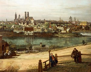 Uitzicht op München vanuit Haidhausen met de rivier de Isar in het midden (detail)